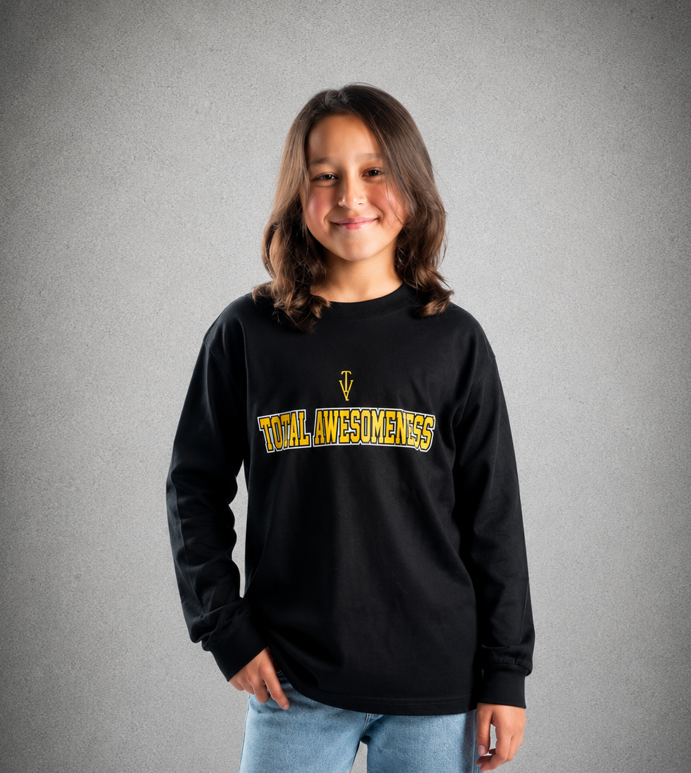 Youth Long Sleeve T-Shirt - Black – Gold Logo & Words & White Outline
