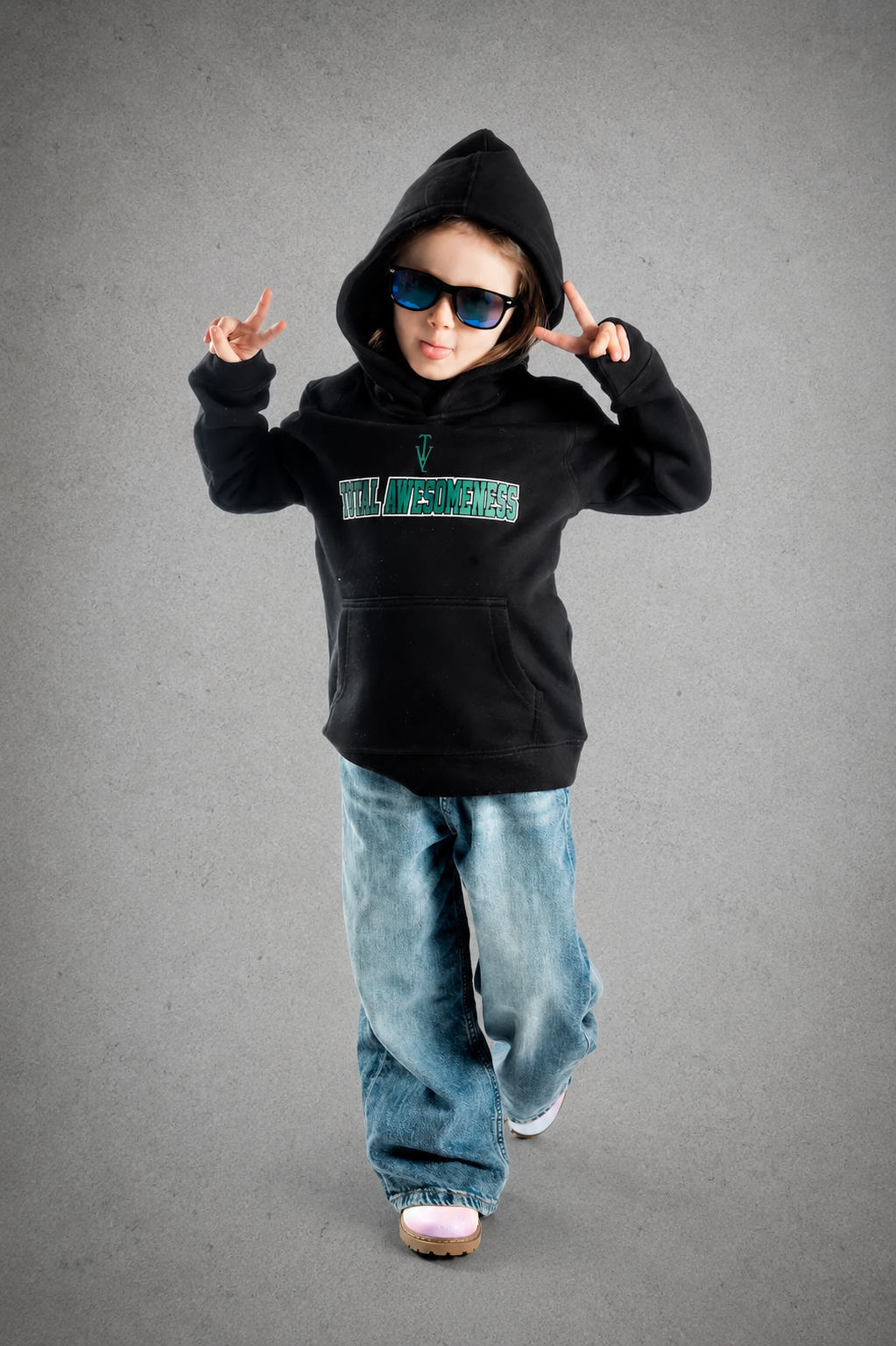 Kid's Hoodie – Black - Green Logo and Words with White Outline
