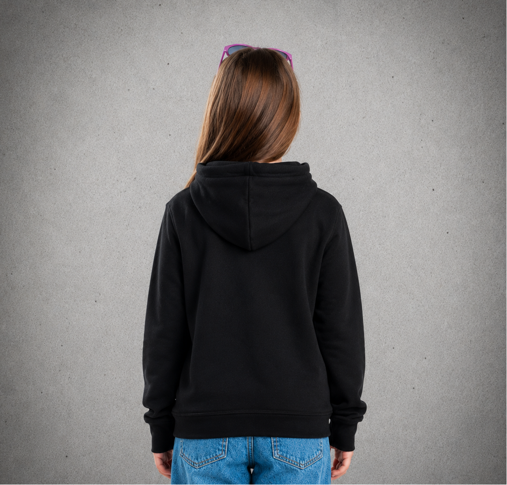 Youth Hoodie – Black - Pink Logo & Words & White Outline