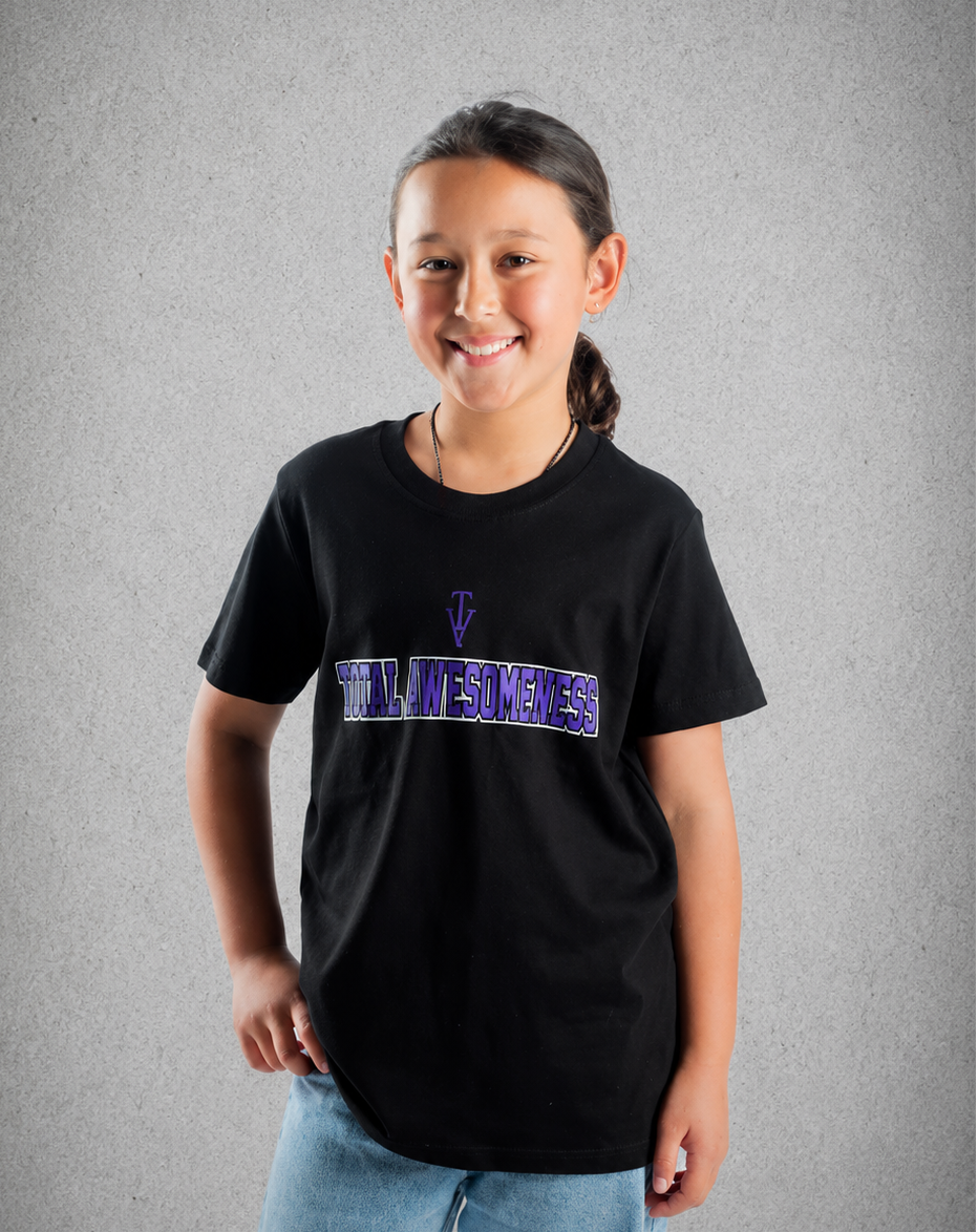 Youth Short Sleeve T-Shirt - Black – Purple Logo & Words & White Outline
