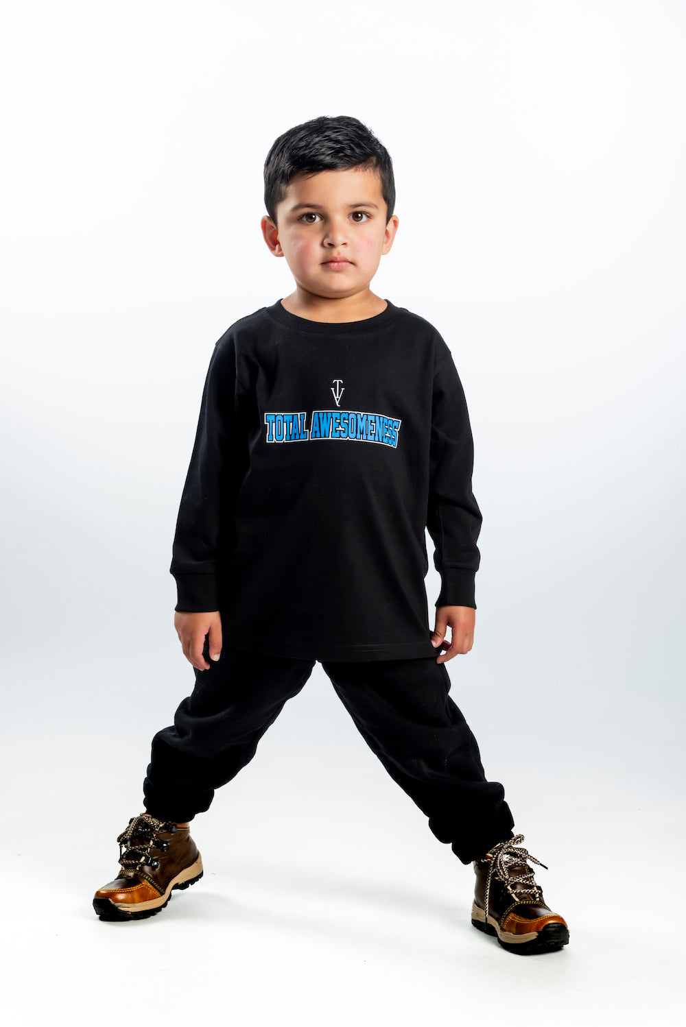Kid's Heavy Weight Warm Long Sleeve T-Shirt – White Logo - Blue Words