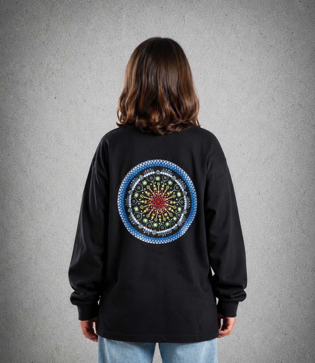 Youth Long Sleeve T-Shirt - Black – White Logo & Blue Words & Picture