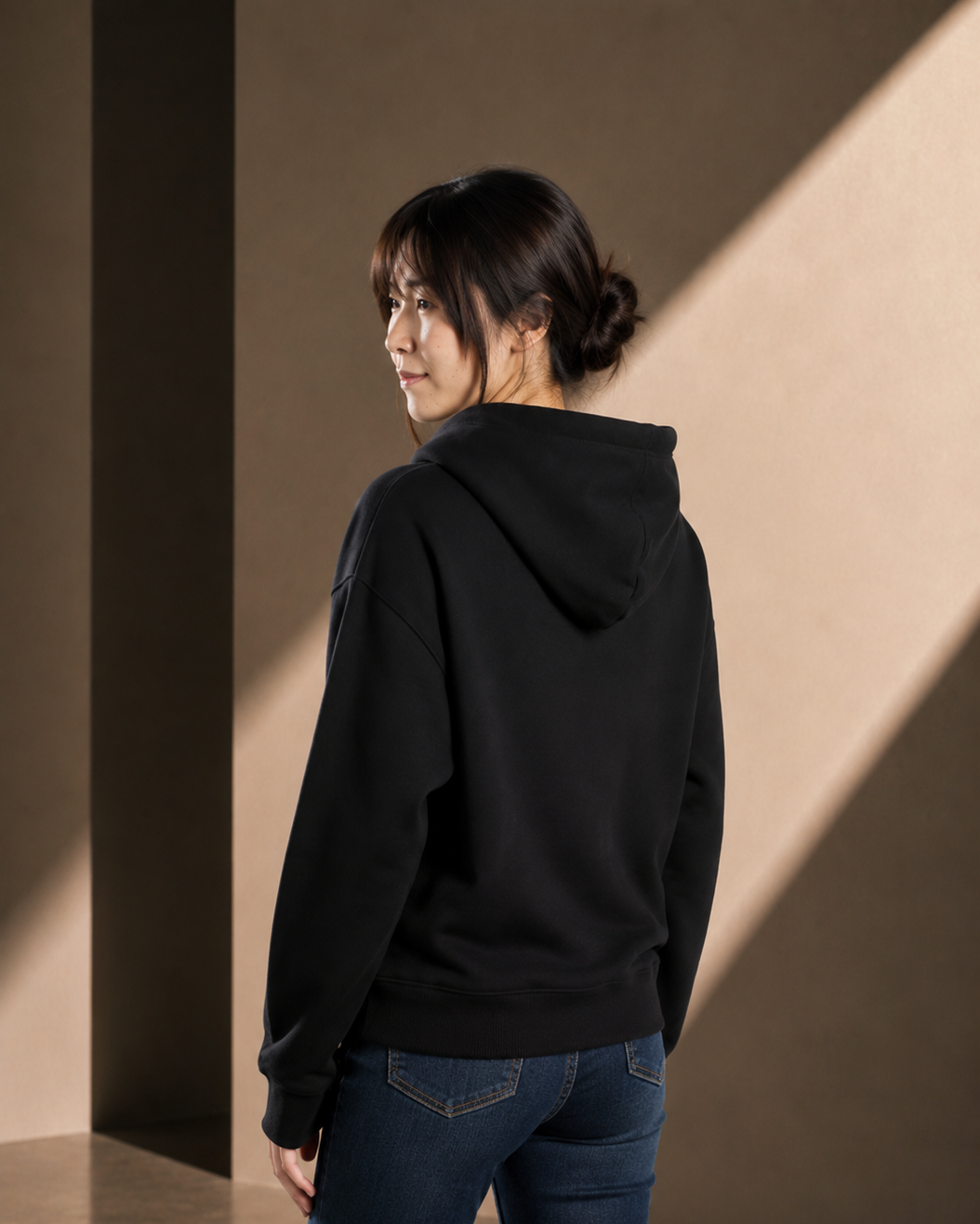Women's Relaxed Hoodie - Black - White Logo - Embroidery