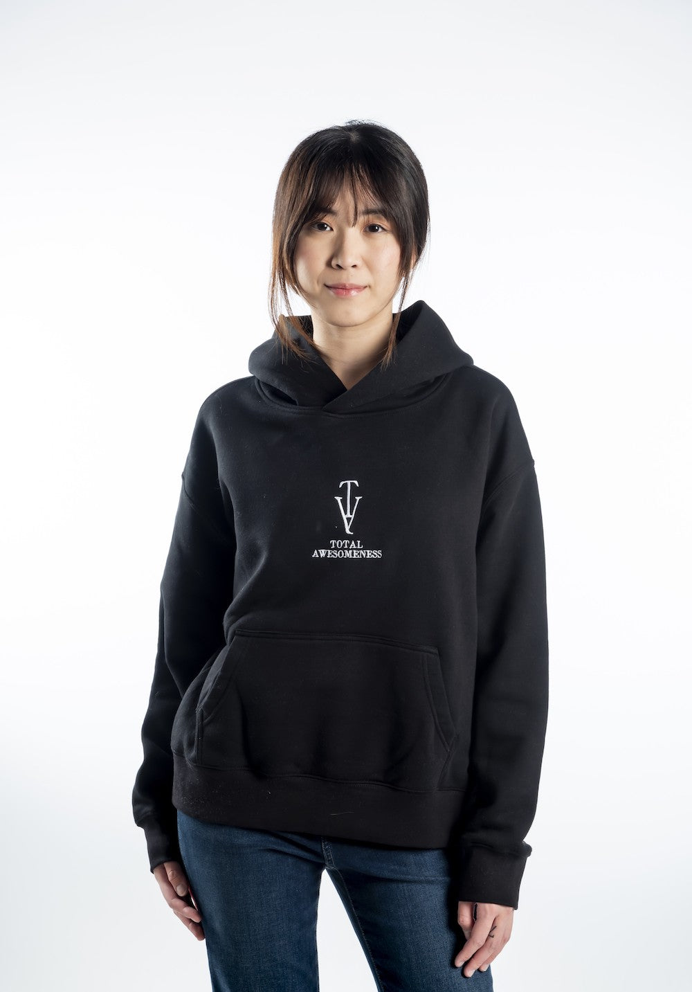 Women's Relaxed Hoodie - Black - White Logo - Embroidery