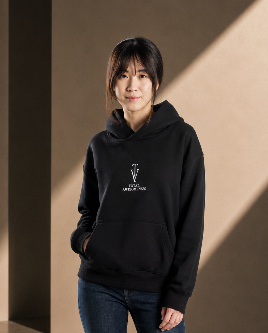 Women's Relaxed Hoodie - Black - White Logo - Embroidery