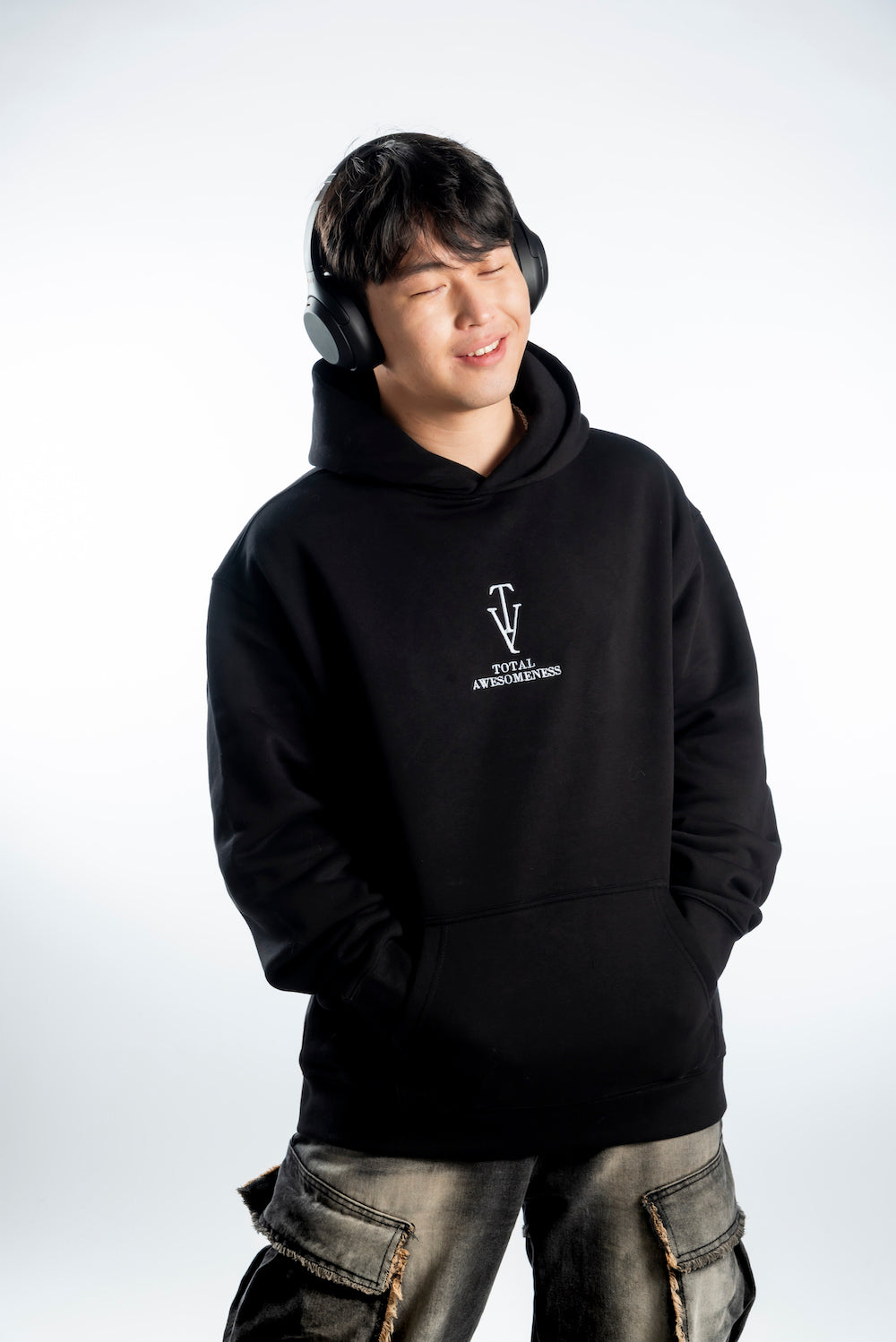 Men's Relaxed Hoodie — Black - White Embroidered Logo