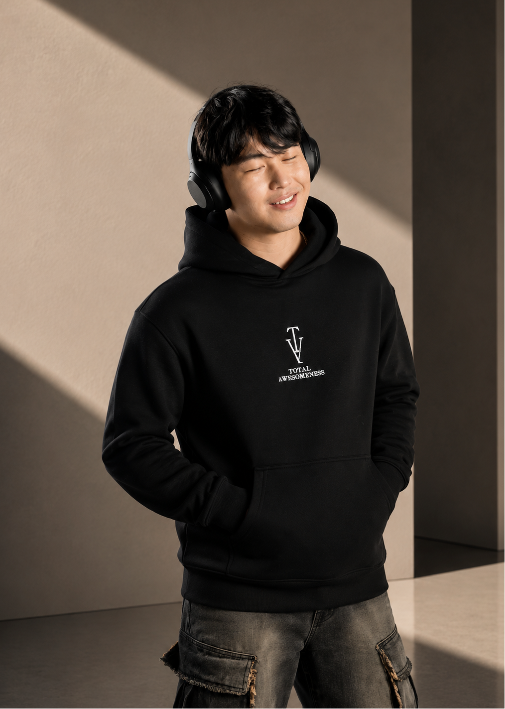 Men's Relaxed Hoodie - Black - Embroidered White Logo