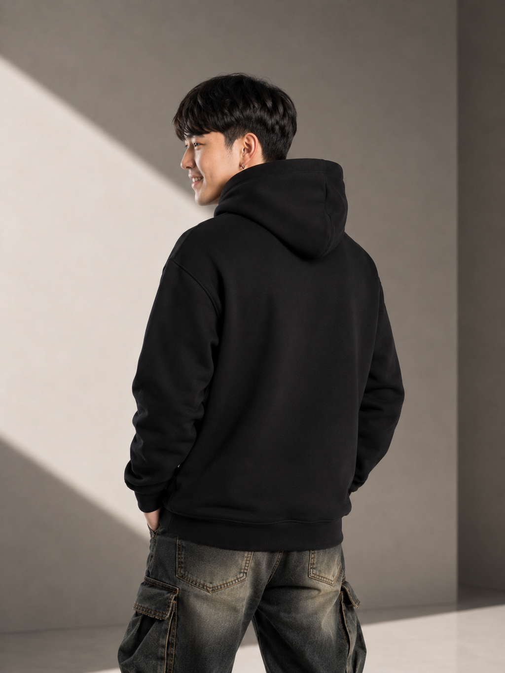 Men's Relaxed Hoodie - Black - Printed White & Blue Logo