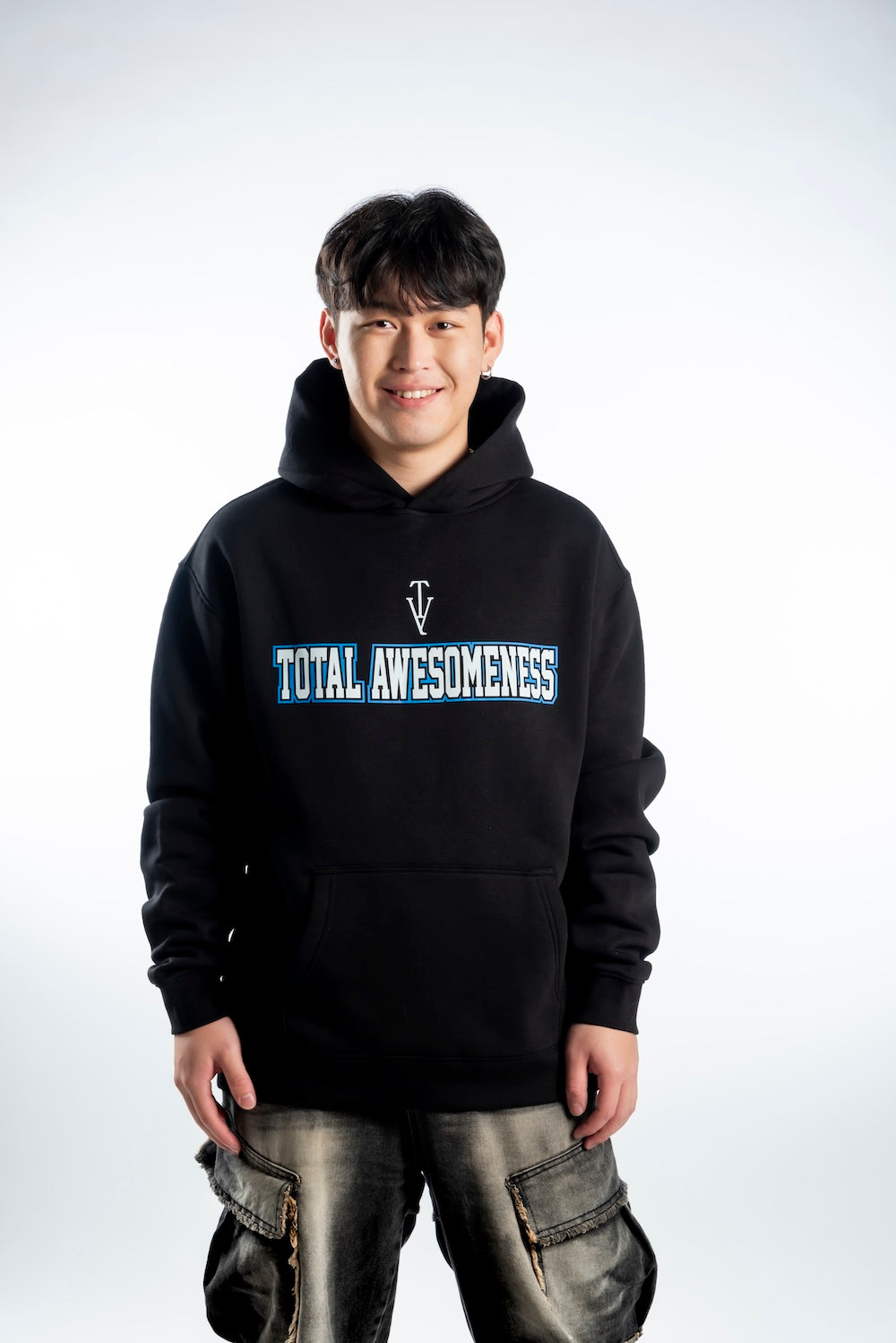 Men's Relaxed Hoodie — Black - White & Blue Logo