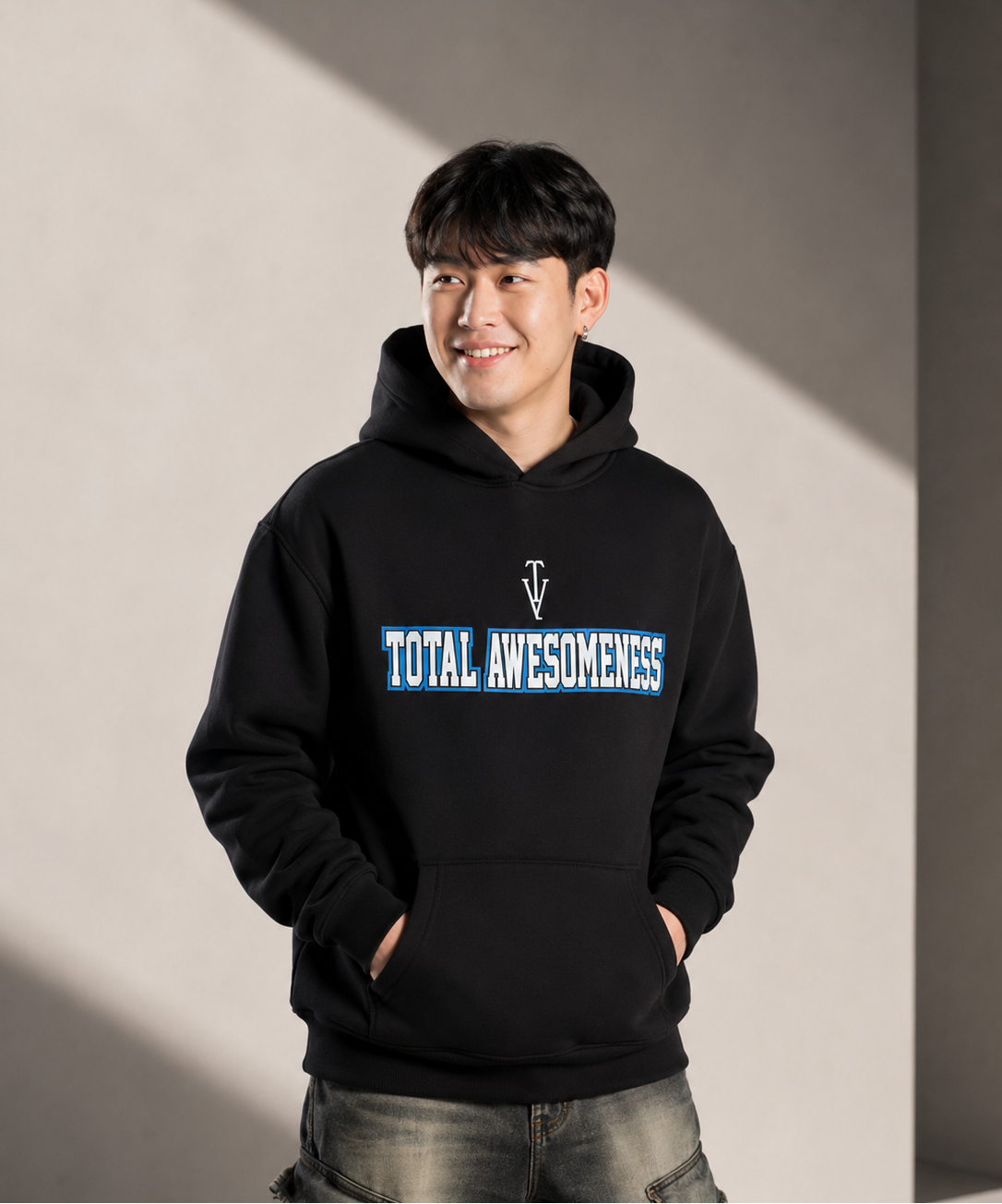 Men's Relaxed Hoodie - Black - Printed White & Blue Logo