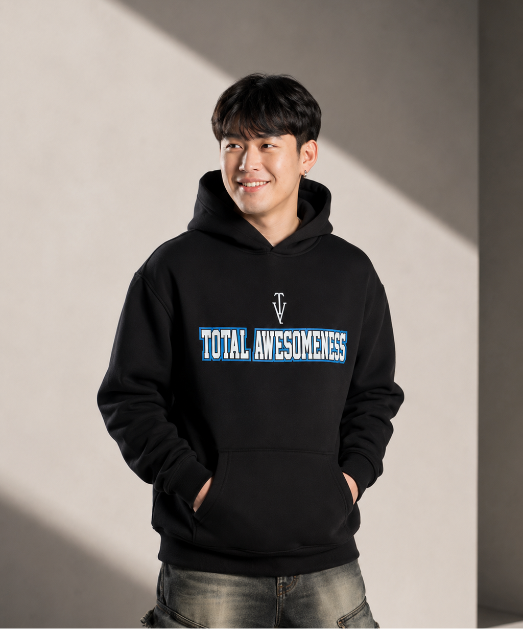 Men's Relaxed Hoodie - Black - Printed White & Blue Logo