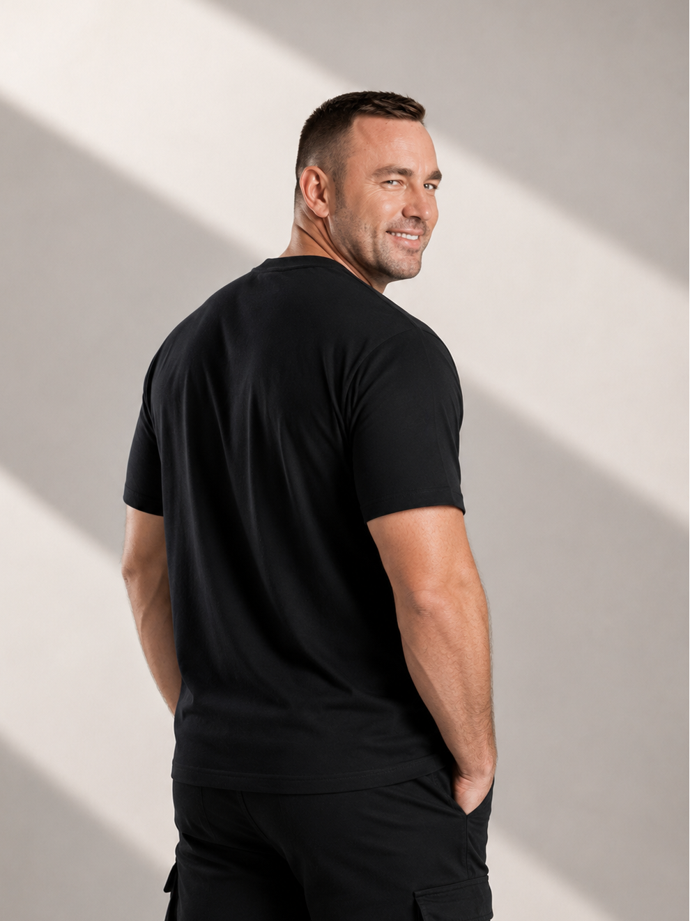 Men's Short Sleeve T-Shirt - Black  – White Logo Blue Outline