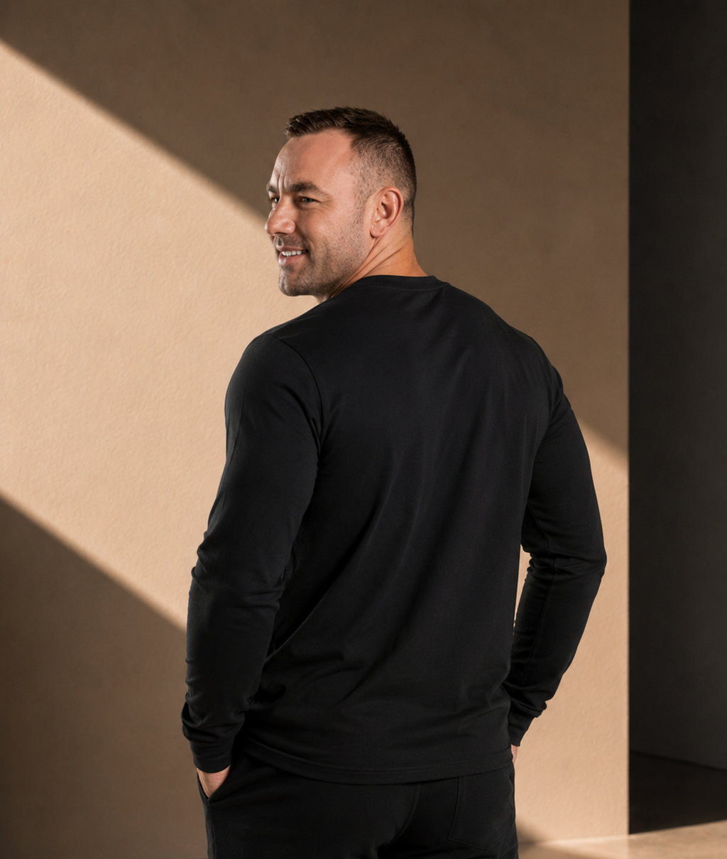 Men’s Long Sleeve T-shirt – Black - White Logo & Blue Outline Printed