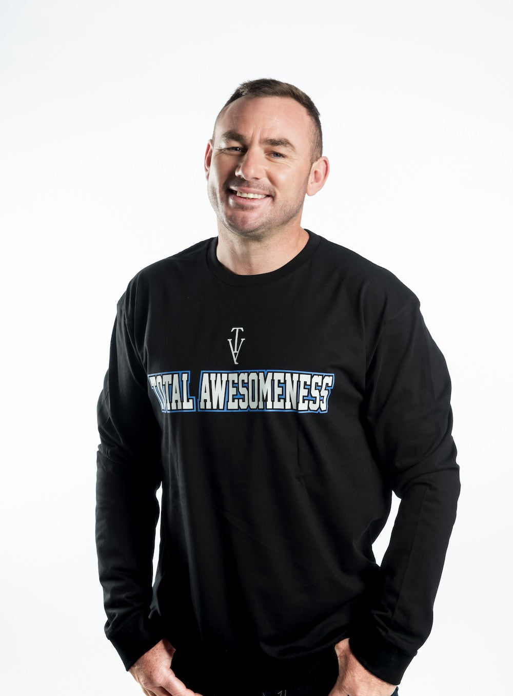 Men’s Long Sleeve T-shirt – Black with White Logo and Blue Outline Printed