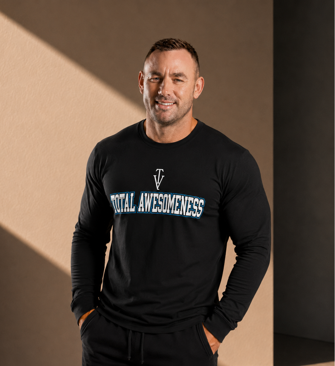 Men’s Long Sleeve T-shirt – Black - White Logo & Blue Outline Printed