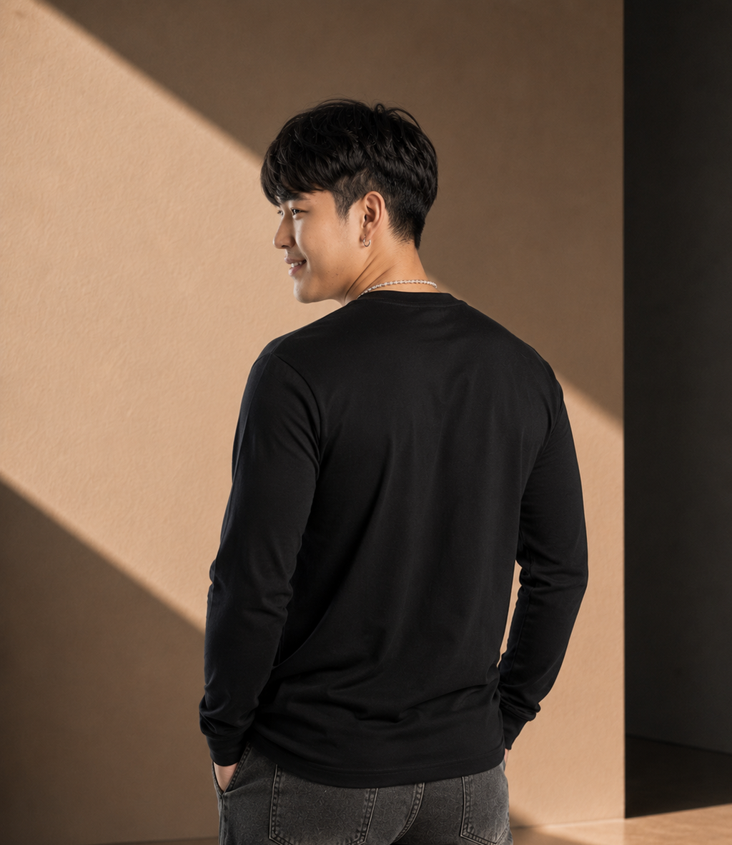 Men’s Long Sleeve T-shirt – Black - White Logo & Green Outline Printed