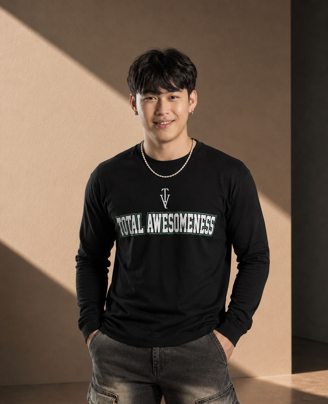 Men’s Long Sleeve T-shirt – Black - White Logo & Green Outline Printed