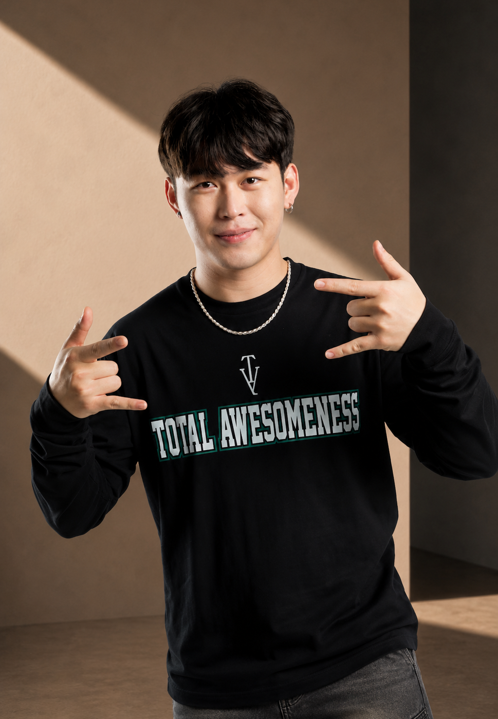 Men’s Long Sleeve T-shirt – Black - White Logo & Green Outline Printed