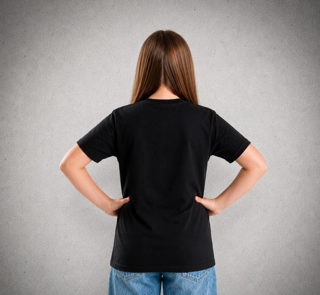 Youth Short Sleeve T-Shirt - Black – White Logo & Outline & Blue Words
