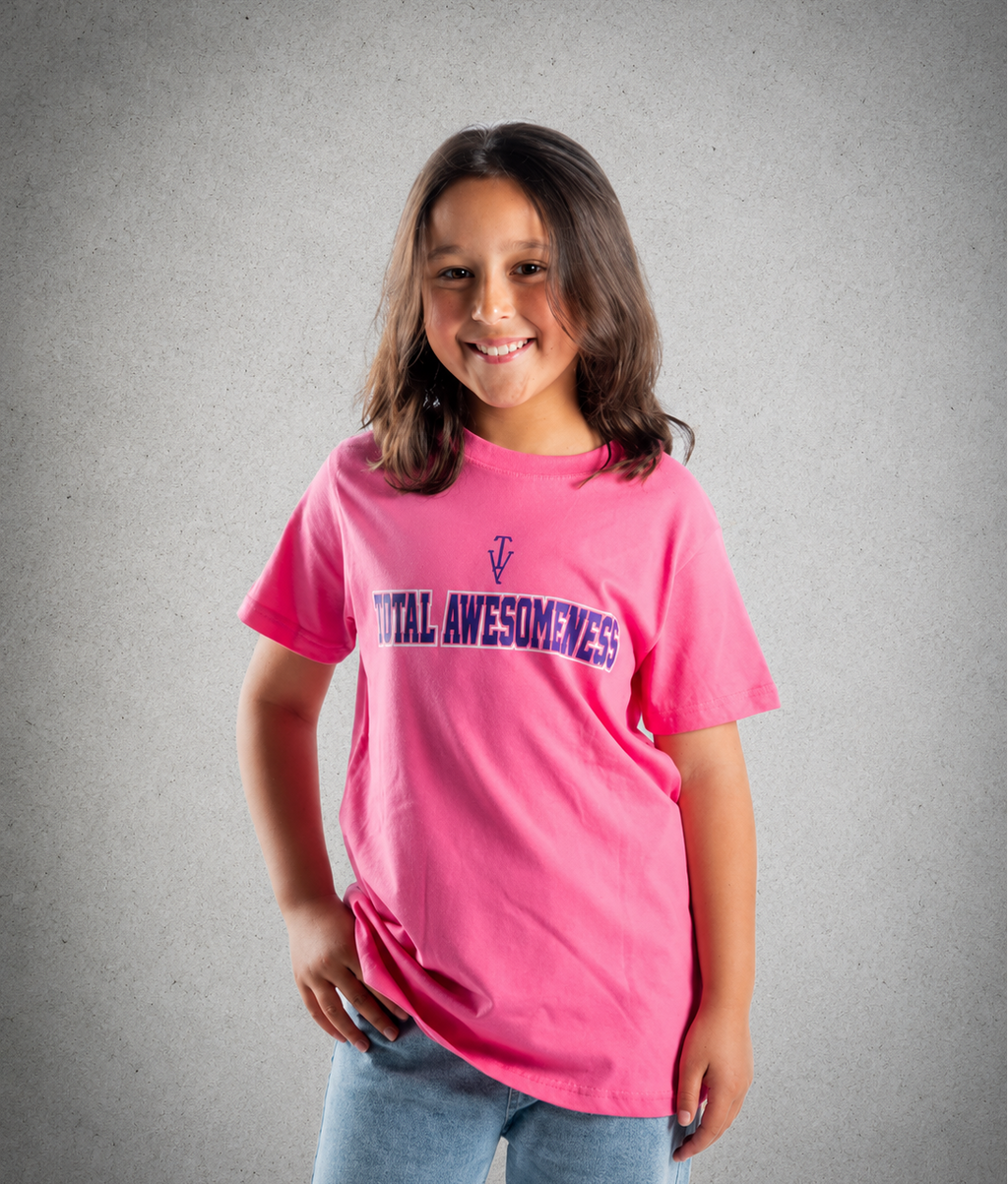 Youth Short Sleeve T-shirt - Pink - Purple Logo & Words & White Outline