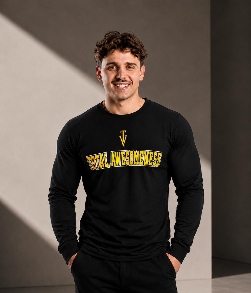 Men’s Long Sleeve T-shirt – Black - Gold Logo & White Outline - Printed