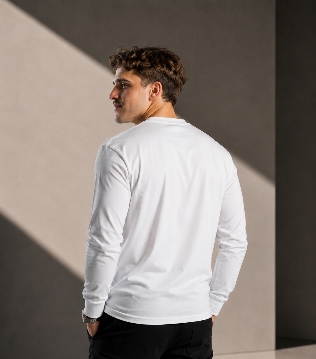 Men’s Long Sleeve T-shirt – White - Black Logo & Outline - Printed