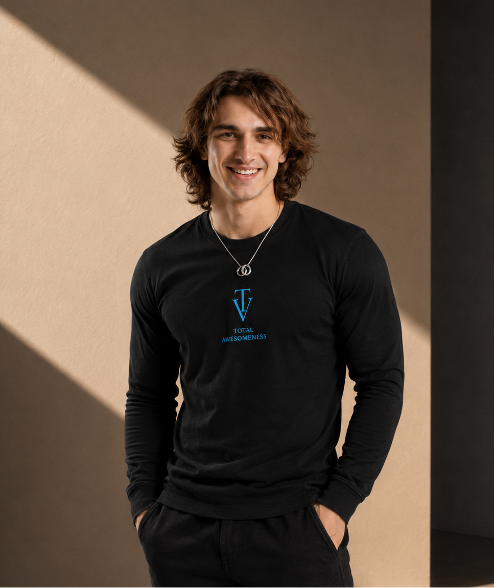 Men’s Long Sleeve T-shirt – Black - Blue Logo & Picture - Printed