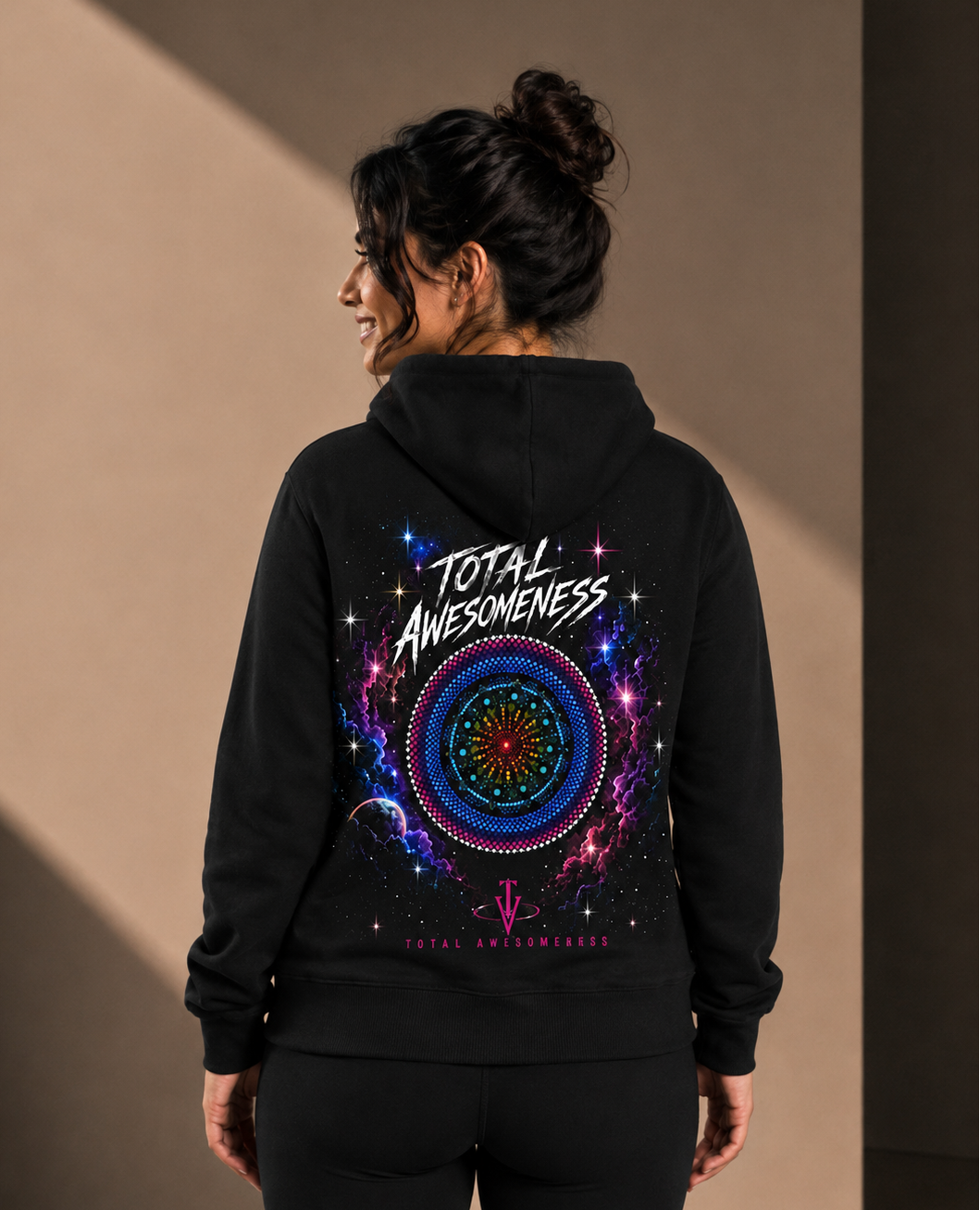 Women’s Classic Hoodie - Black - Pink Embroidered Logo - Picture on Back - Printed