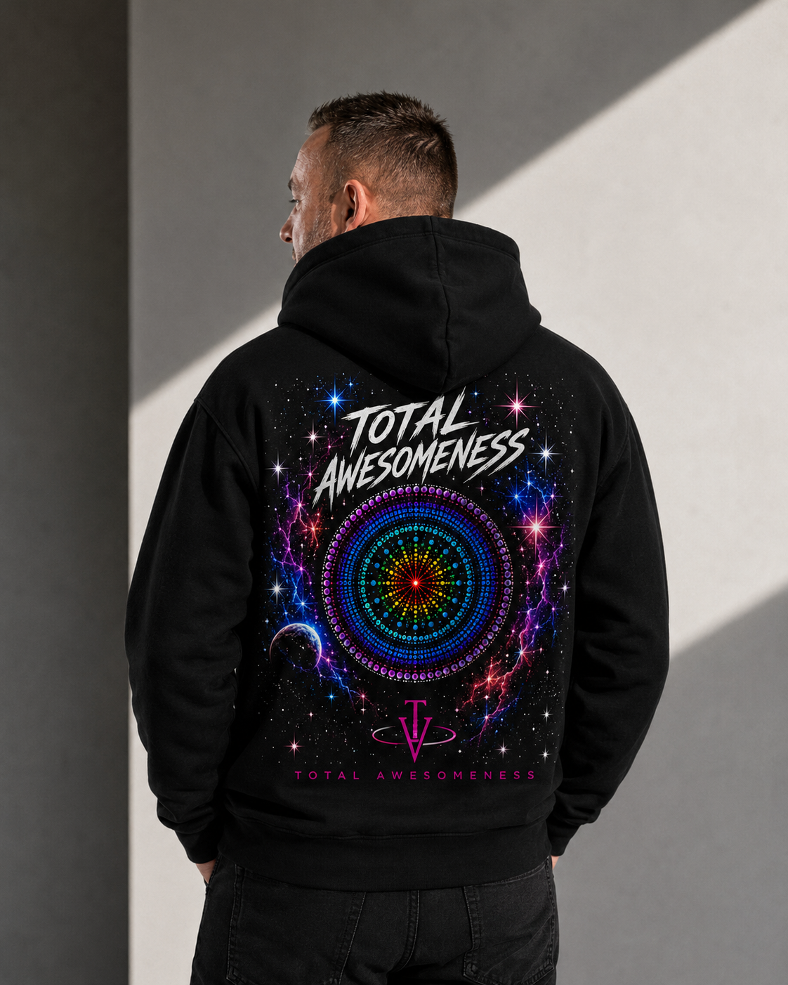 Men’s Heavy Hoodie – Black with Pink Logo and Picture on Back - Printed
