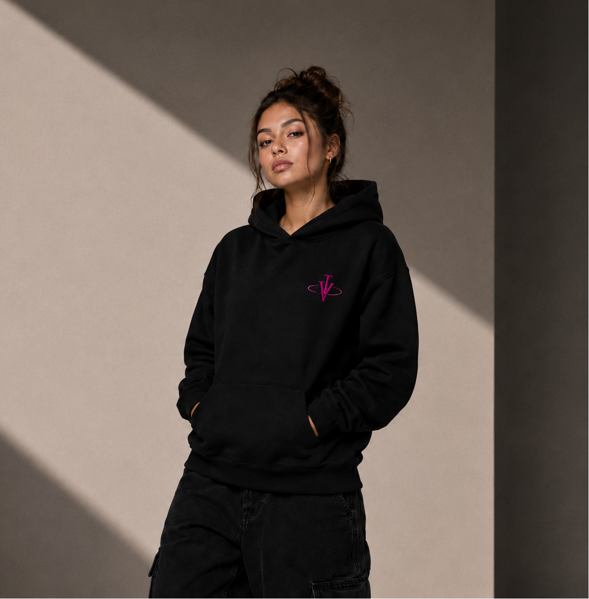 Women’s Classic Hoodie - Black - Pink Embroidered Logo - Picture on Back - Printed