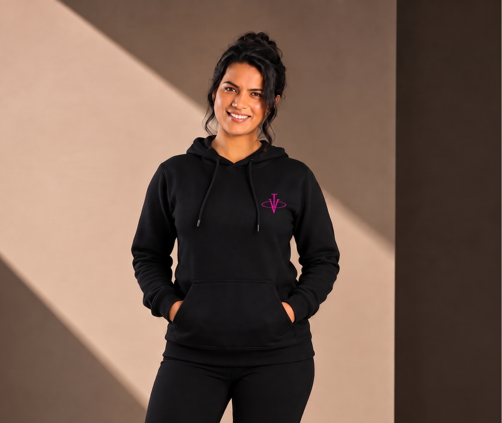 Women’s Classic Hoodie - Black - Pink Embroidered Logo - Picture on Back - Printed