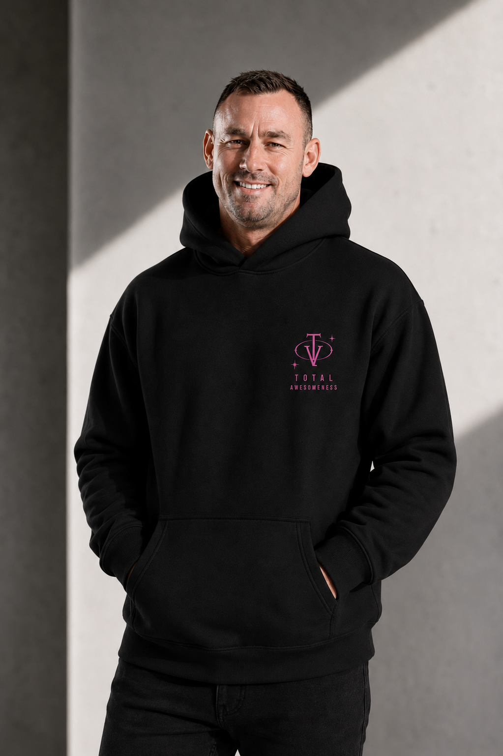Men’s Heavy Hoodie – Black with Pink Logo and Picture on Back - Printed
