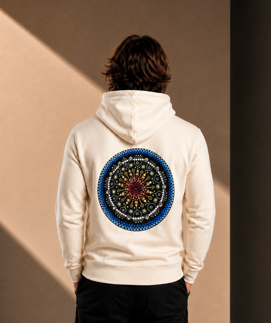 Men’s Heavy Hoodie – Ecru - Embroidered Blue Logo & Picture