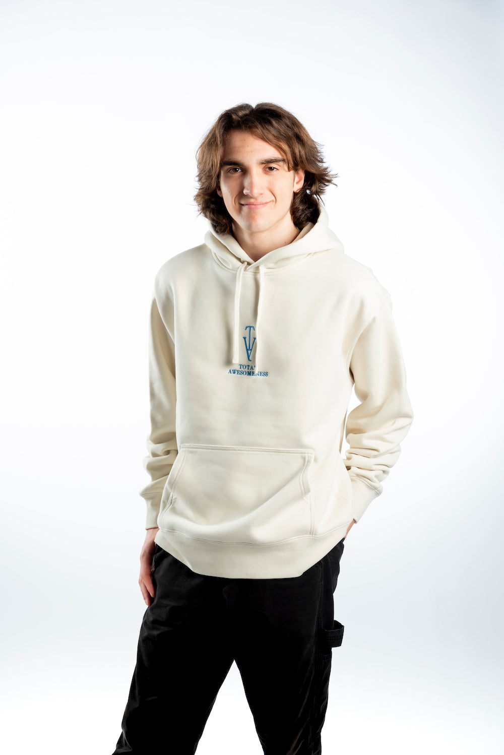 Men’s Heavy Hoodie – Ecru with Blue Logo Embroidery with Blue Picture on Back