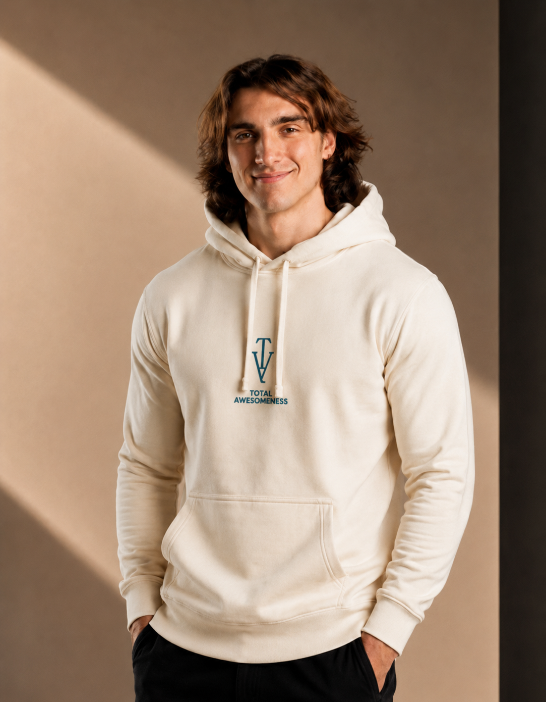 Men’s Heavy Hoodie – Ecru - Embroidered Blue Logo & Picture