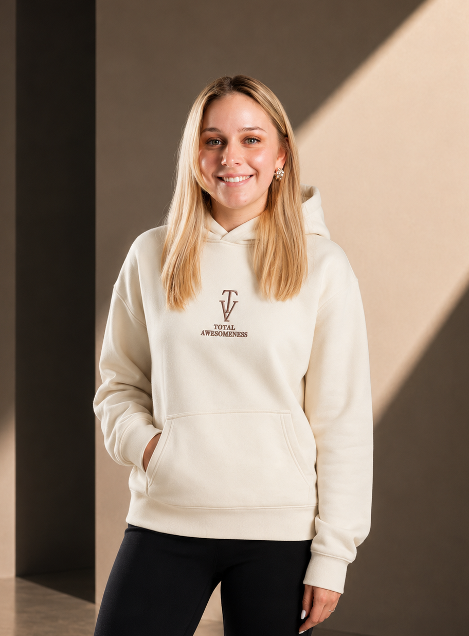 Women's Relaxed Hoodie - Ecru - Chocolate Logo - Embroidery