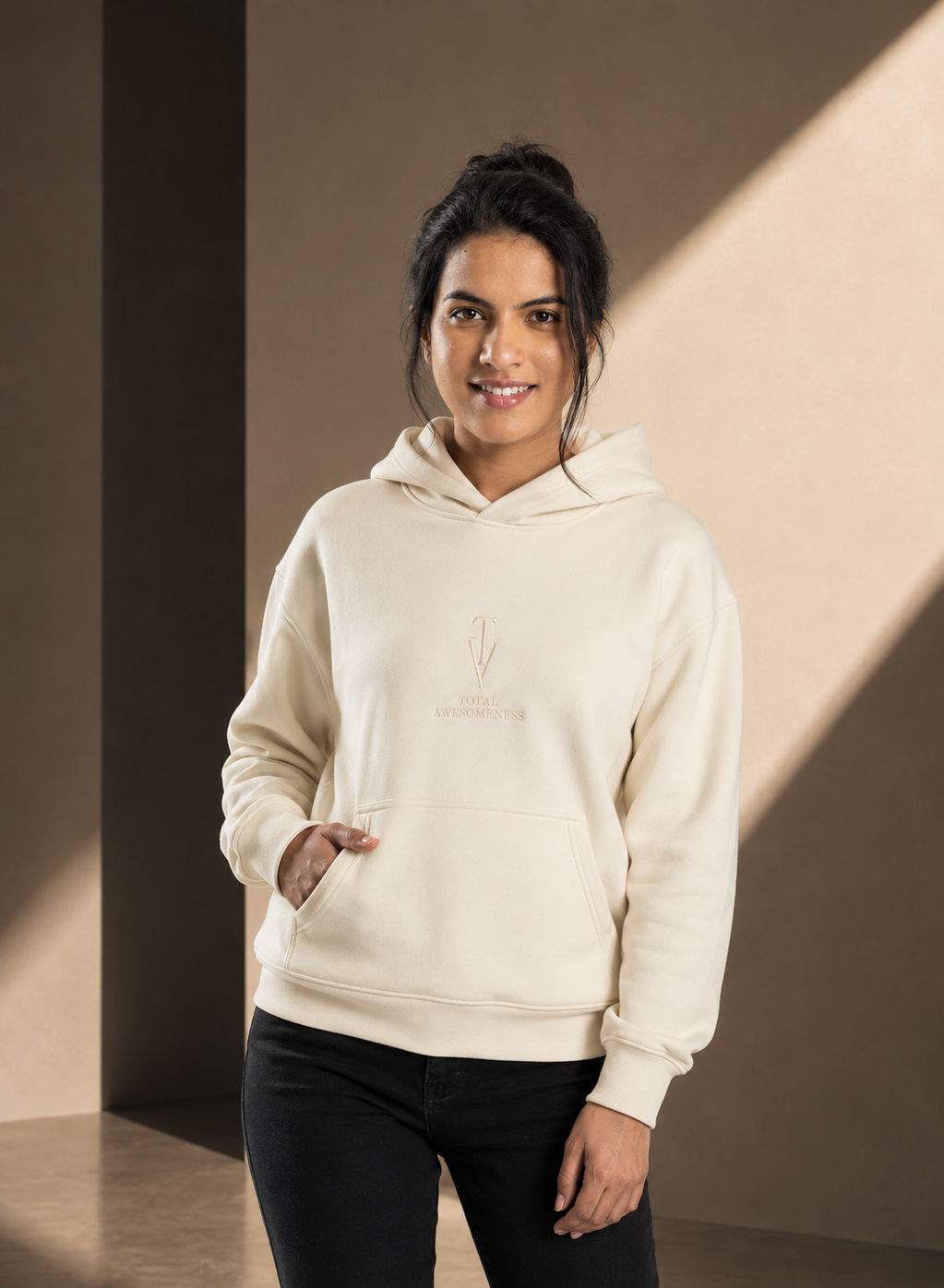 Women's Relaxed Hoodie - Ecru - Cream Logo - Embroidery