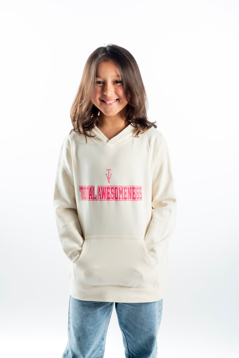 Youth Hoodie – Ecru - Pink Logo