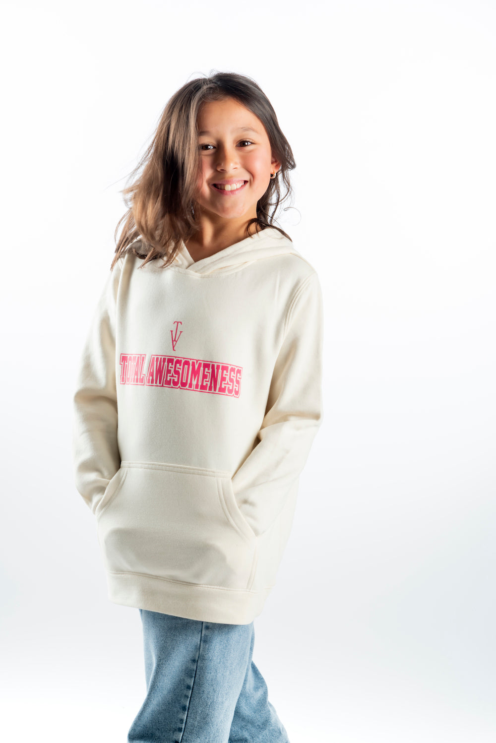 Youth Hoodie – Ecru - Pink Logo