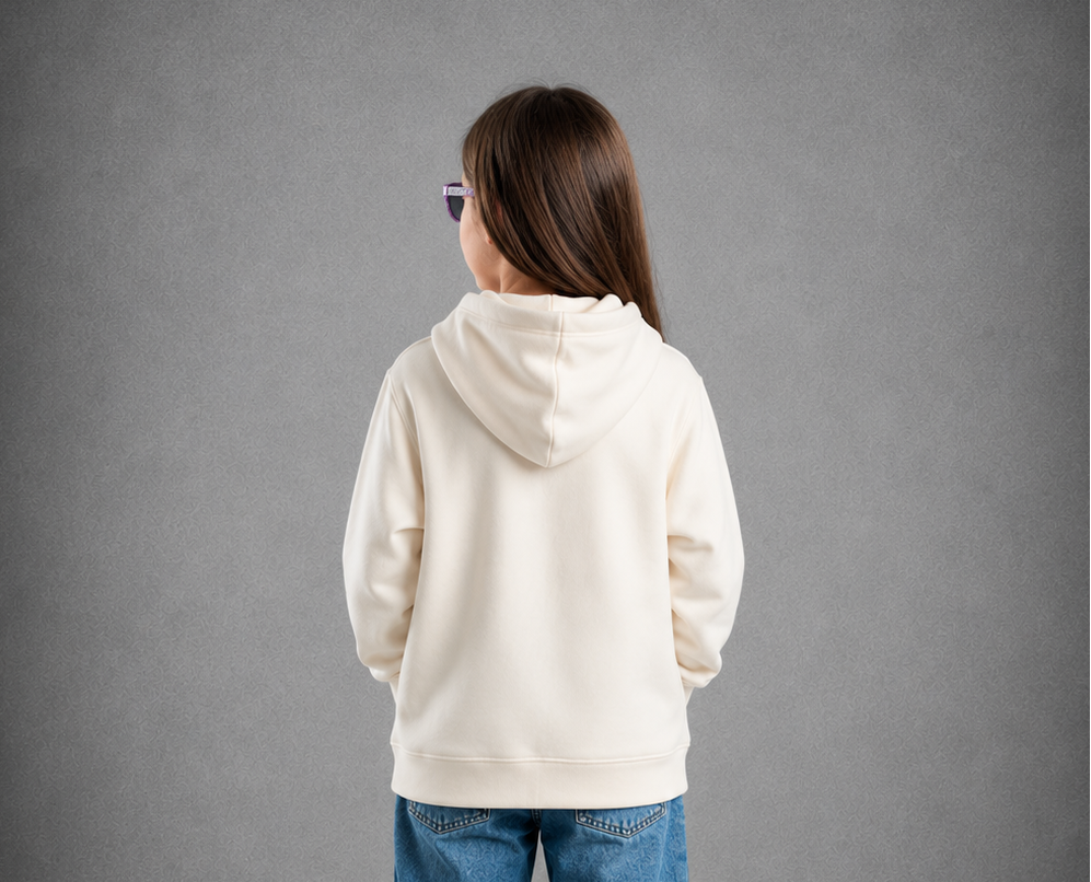 Youth Hoodie – Ecru - Purple Logo & Words & White Outline
