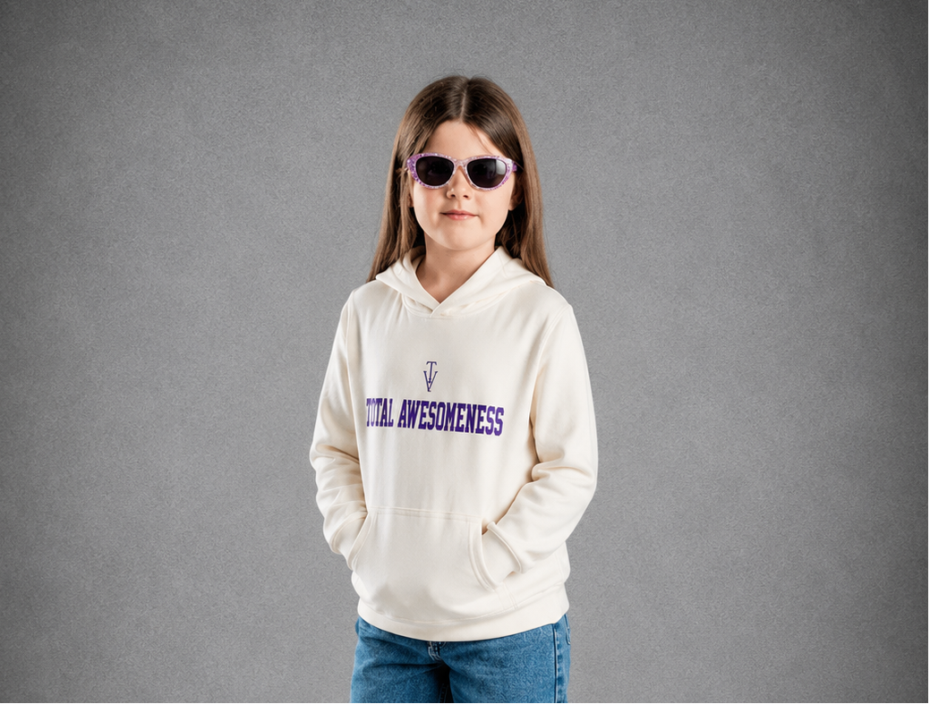 Youth Hoodie – Ecru - Purple Logo & Words & White Outline