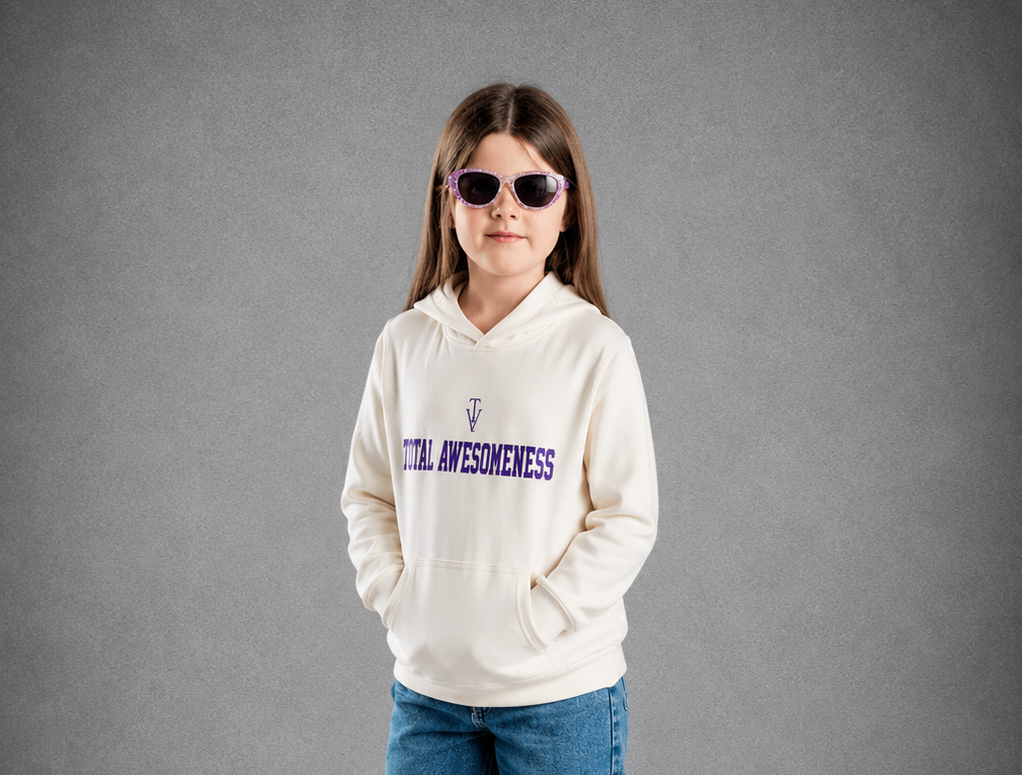 Youth Hoodie – Ecru - Purple Logo & Words & White Outline