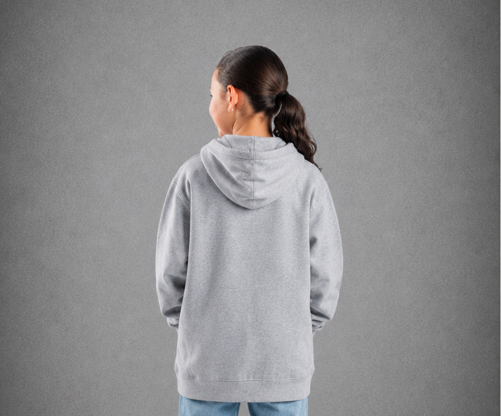 Youth Hoodie – Grey Marle - Purple Logo & Words & White Outline