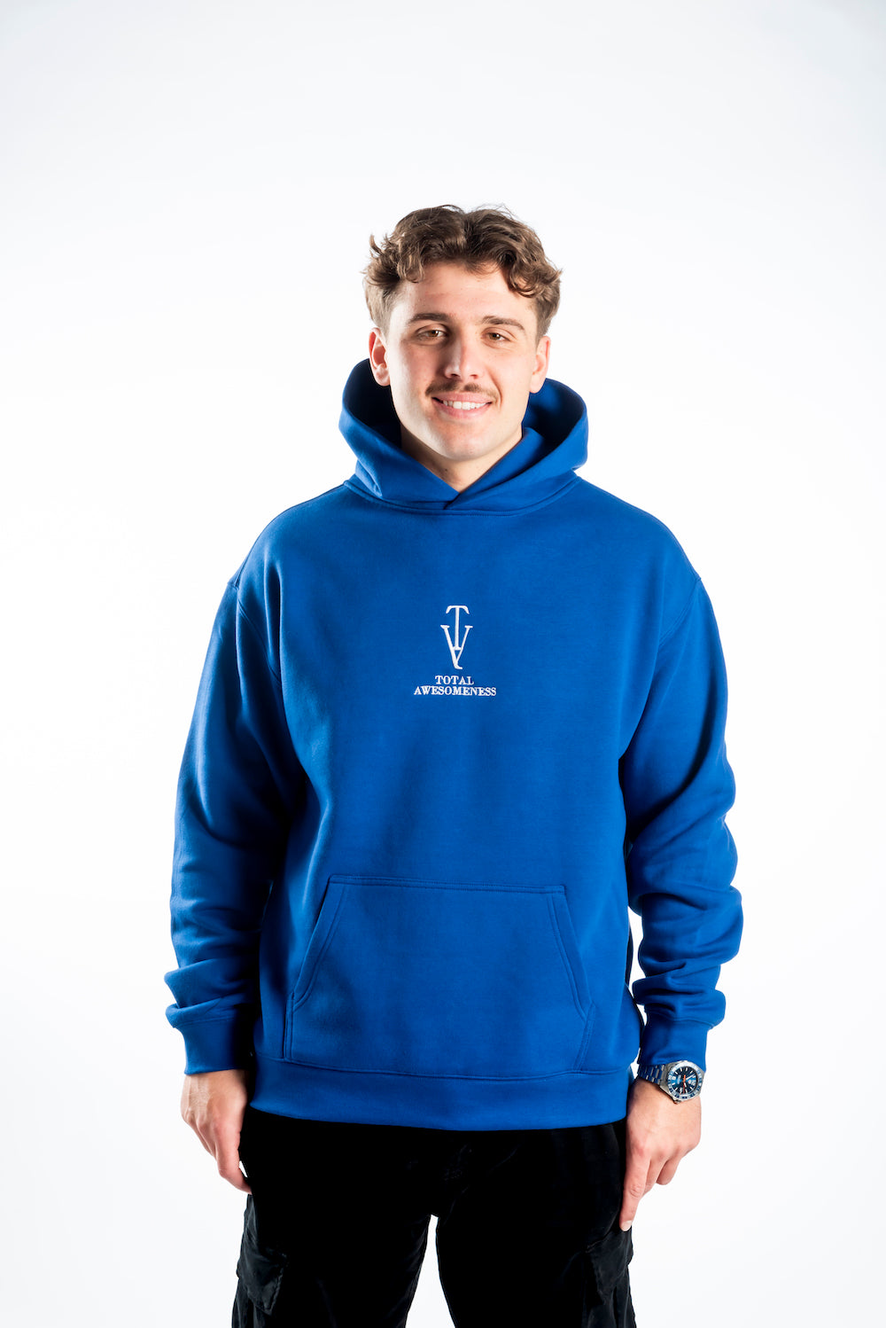 Men's Relaxed Hoodie - Blue - White Embroidered Logo