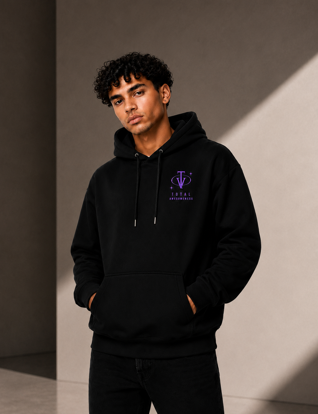 Men’s Heavy Hoodie – Black with Purple Logo and Picture on Back - Printed