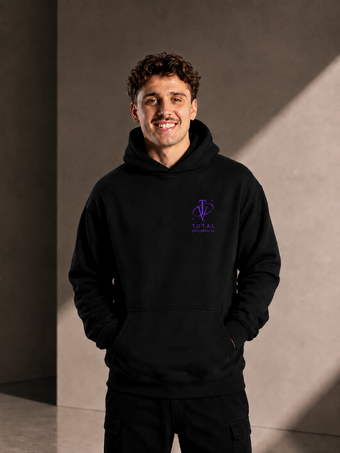 Men’s Heavy Hoodie – Black with Purple Logo and Picture on Back - Printed