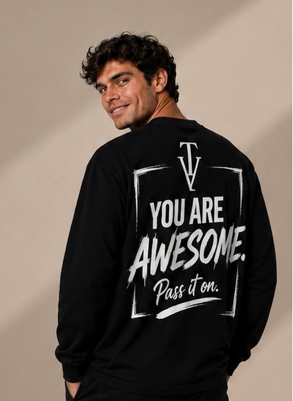Men’s Long Sleeve T-shirt – Black with White Logo and Back Picture