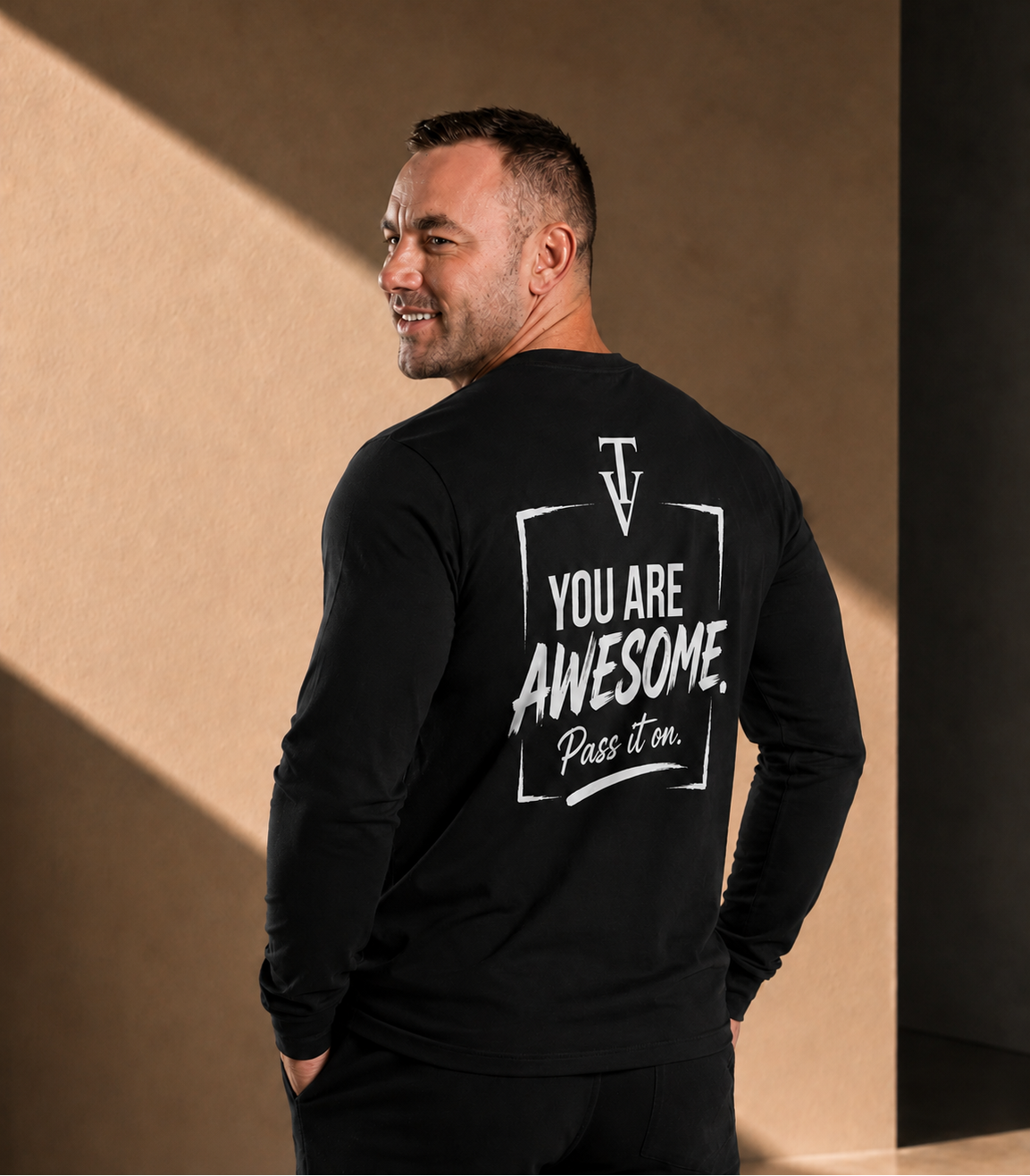 Men’s Long Sleeve T-shirt – Black with White Logo and Back Picture
