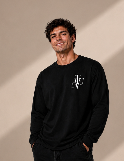 Men’s Long Sleeve T-shirt – Black with White Logo and Back Picture