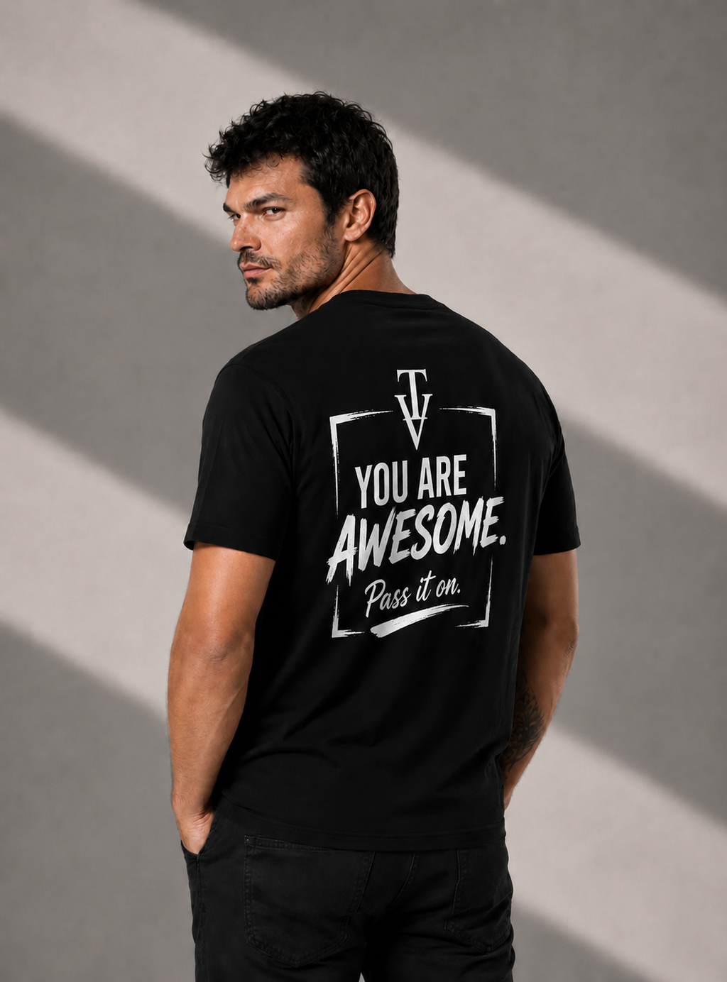 Men's Short Sleeve T-Shirt - Black – White Logo & Back Picture